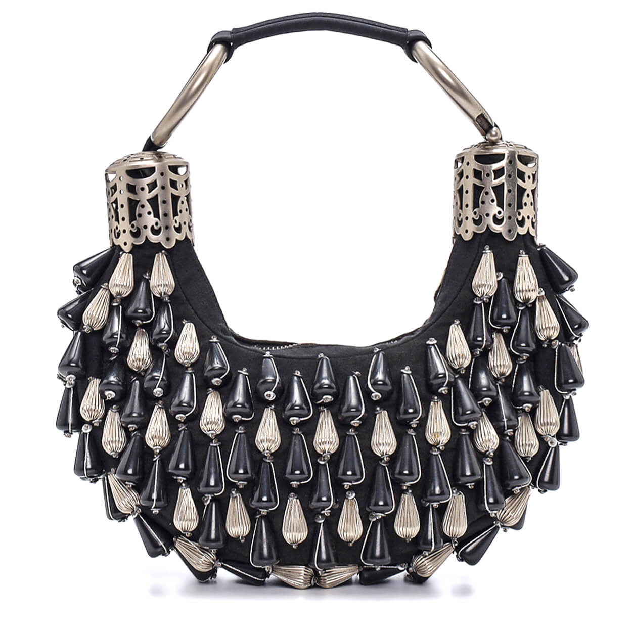 Chloe - Black Canvas & Silver Beaded Bracelet Hobo Bag